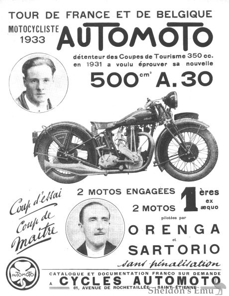 Carte moto Automoto 500 A30 sport 1933 collection Atlas motorcycle France 