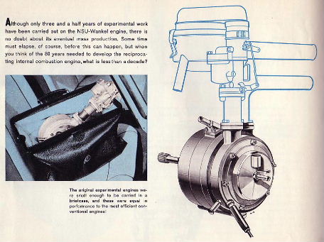 Scan from the NSU broschure "Welcome at NSU", printed in early 1960, showing the Wankel motor, small enough to fit in a bag!