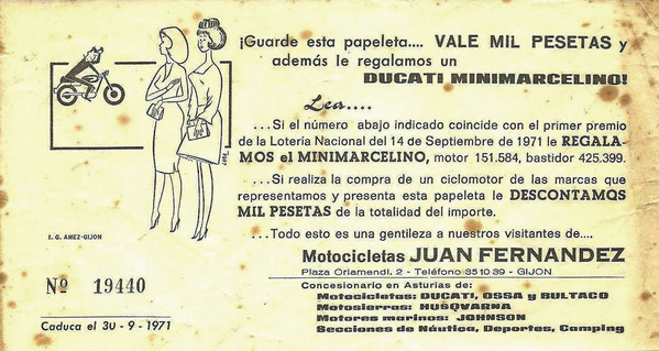 Papeleta original de sorteo de una Mini Marcelino en el año 1971, en Gijón